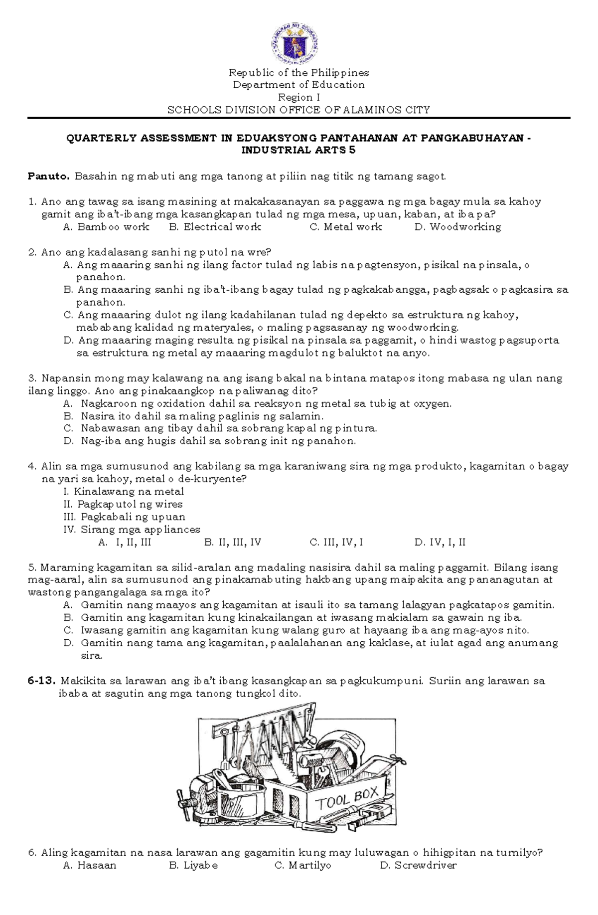 EPP 5 Industrial Arts Quarterly Assessment on Woodworking and Repair ...