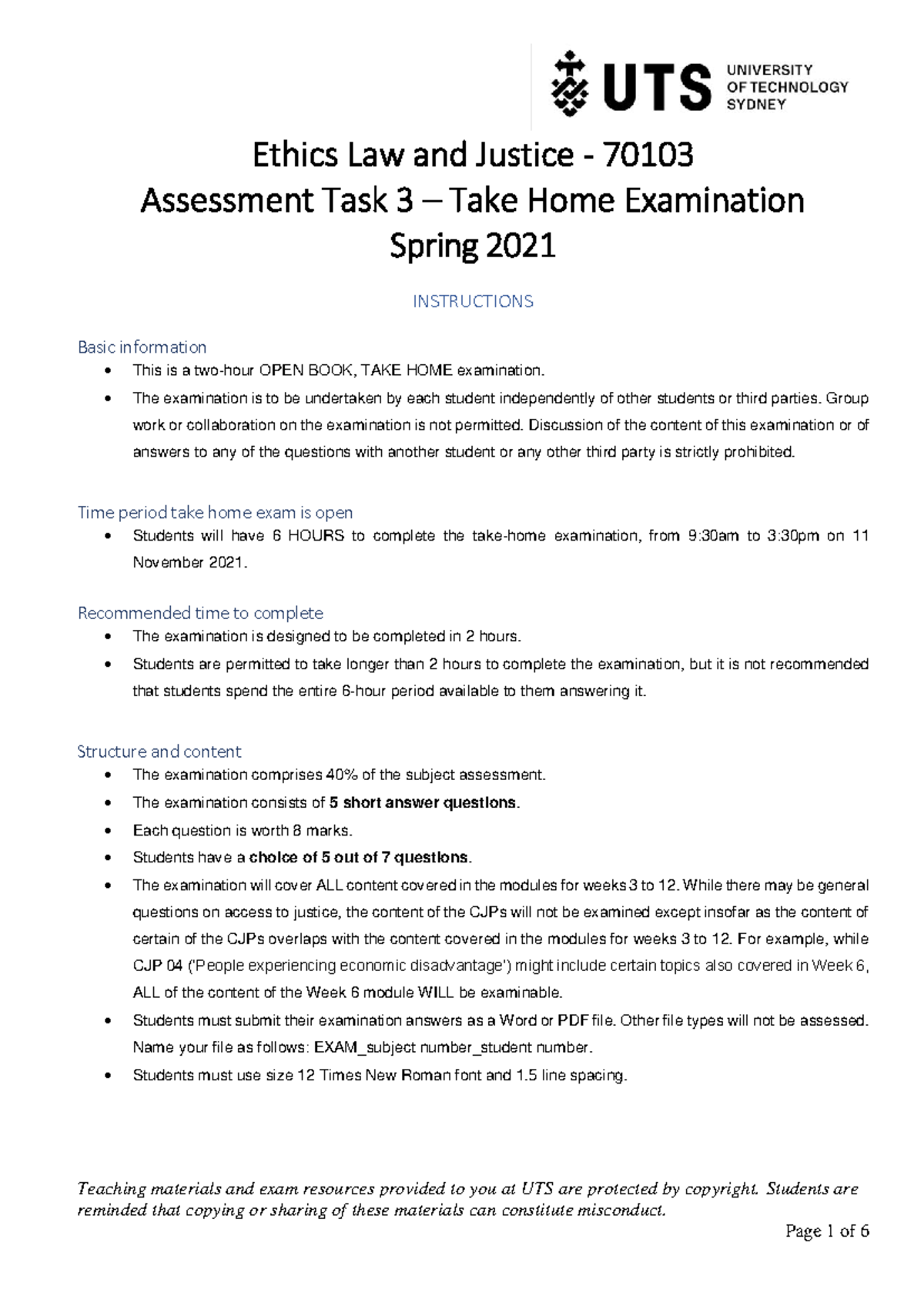 Final Exam 70103: Take Home Examination for Ethics Law & Justice ...