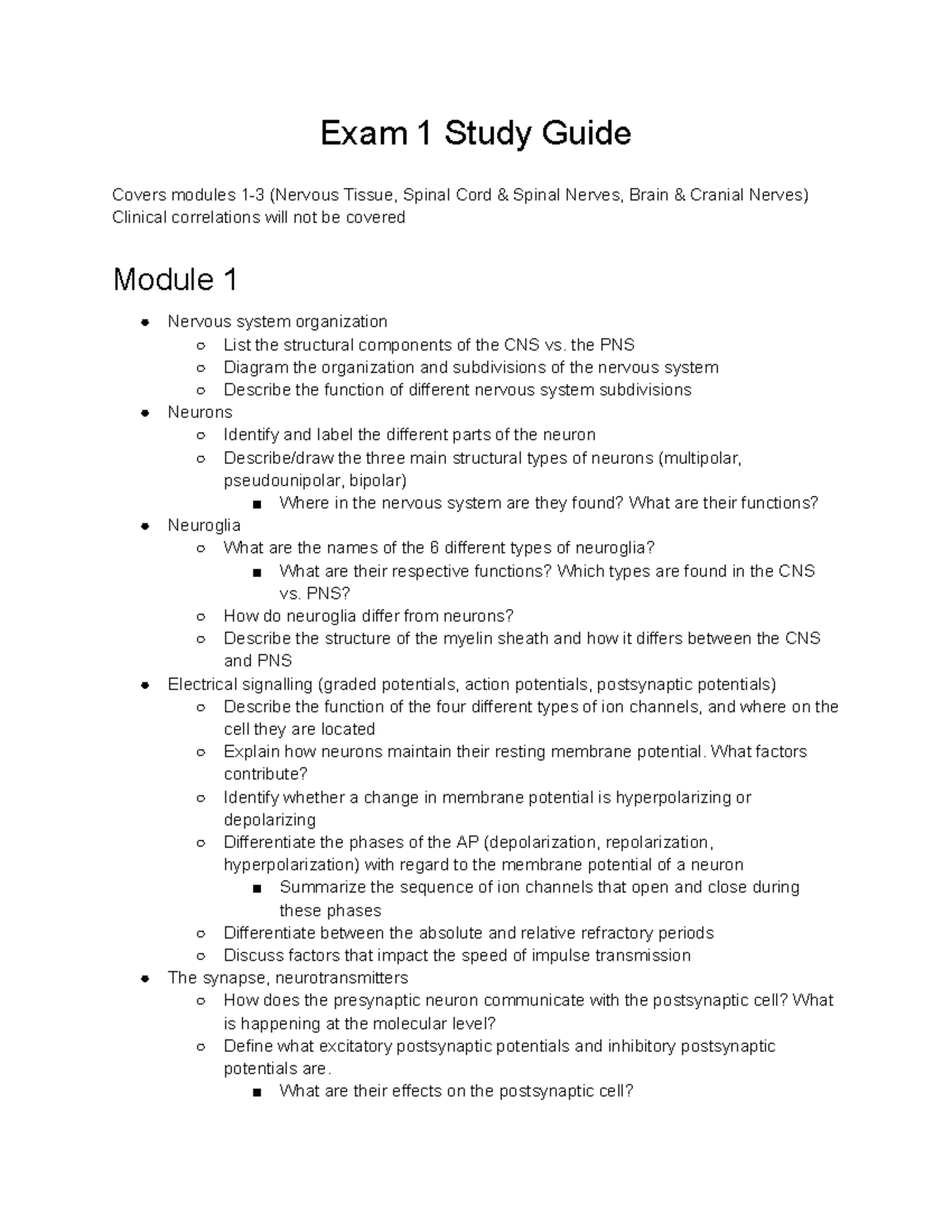 Exam 1 Study Guide: Nervous System Overview - Studocu