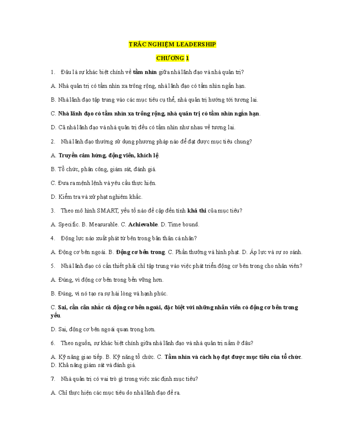 150 TRẮC NGHIỆM Leadership UEL - Chương 1 đến Chương 5 - Document Preview