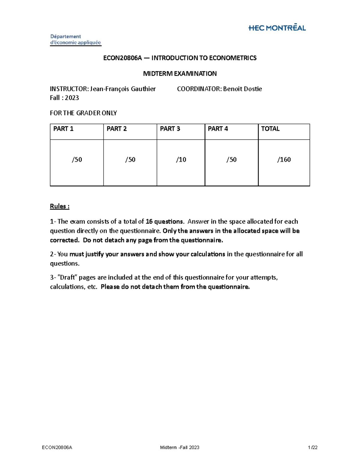 ECON20806A Introduction to Econometrics Midterm Exam Fall 2023 - Studocu