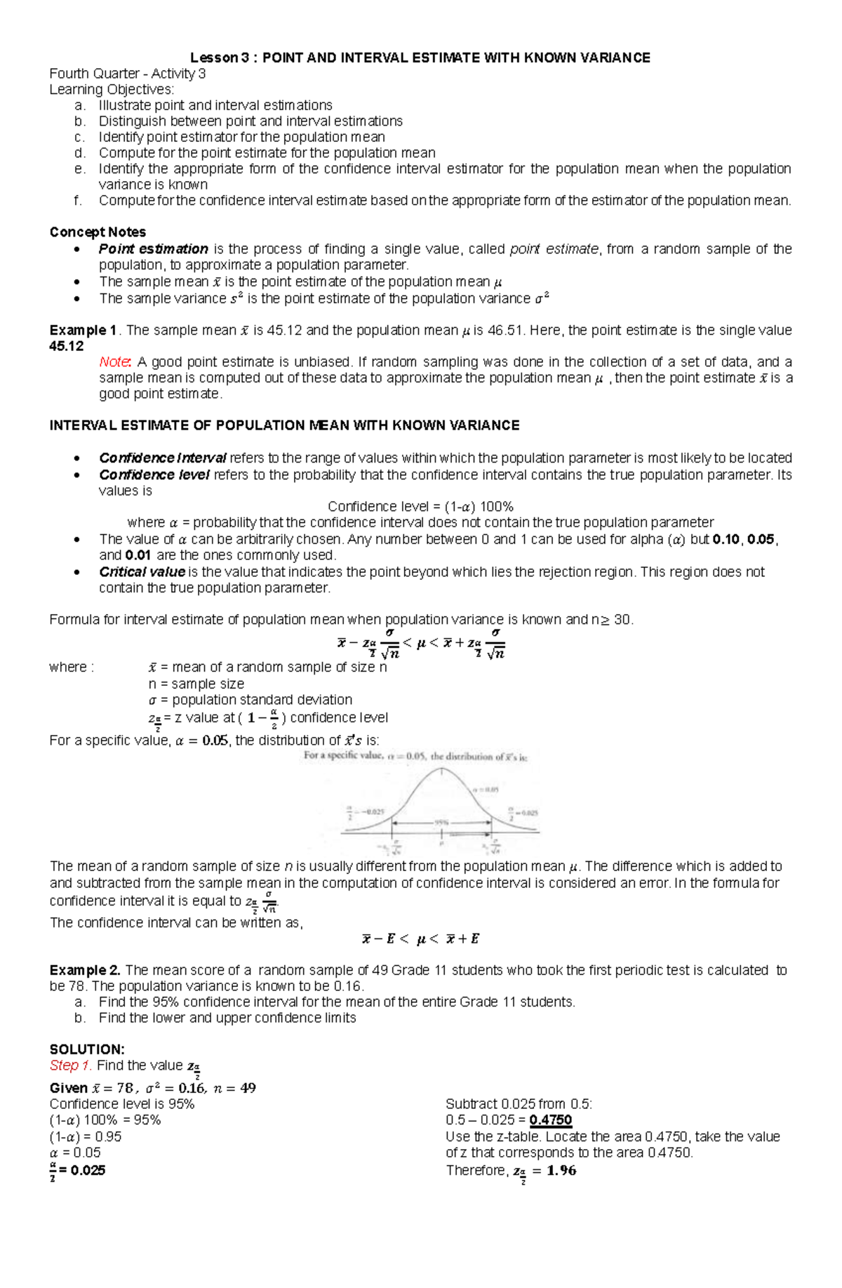 Q4 Activity 3: Point & Interval Estimation with Known Variance - Studocu