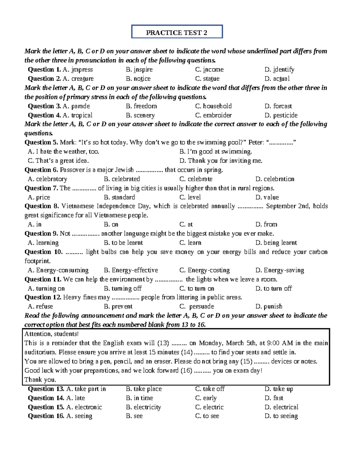 PRACTICE TEST 2: English Exam Questions & Answers for 2025 - Studocu