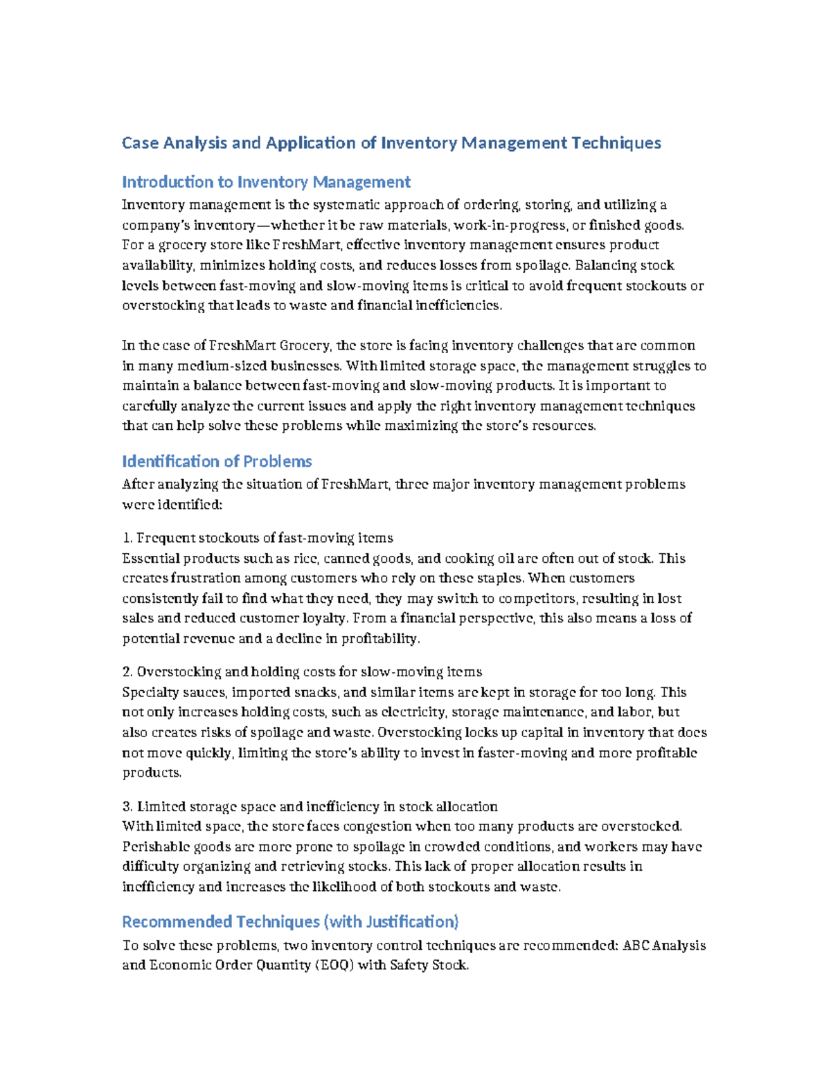 Case Study: Inventory Management Techniques for FreshMart (ENV 101 ...