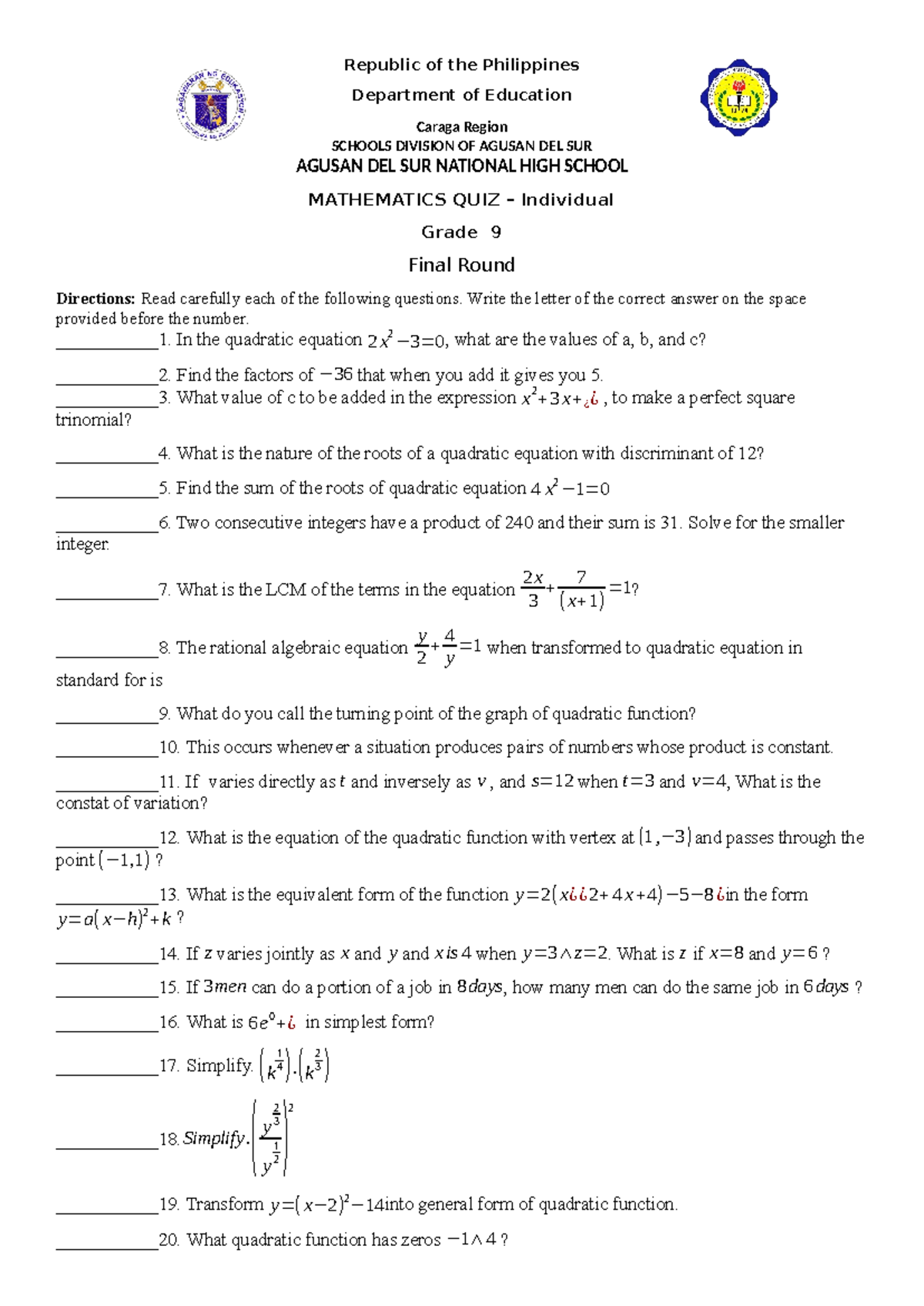 Math Quiz - Math Quiz for Mathletes - Republic of the Philippines ...
