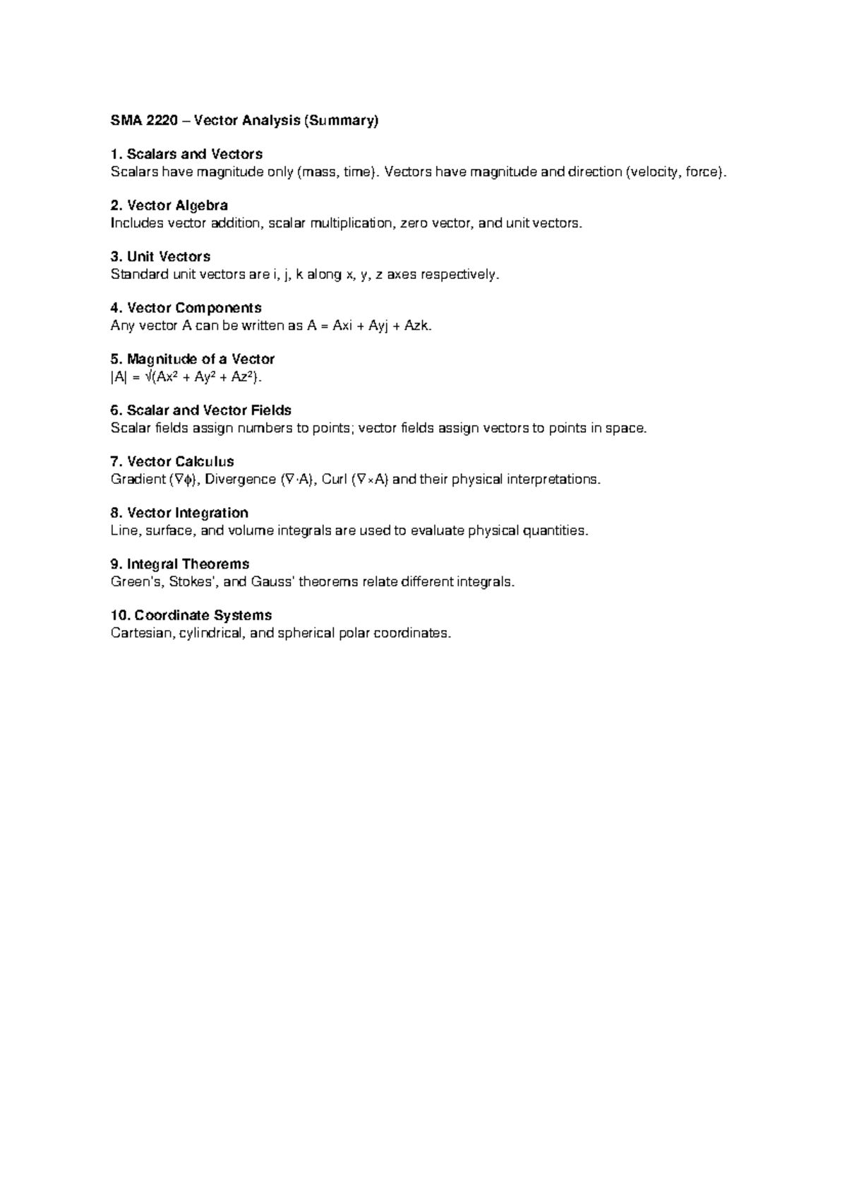 SMA 2220 Vector Analysis Summary and Key Concepts - Studocu