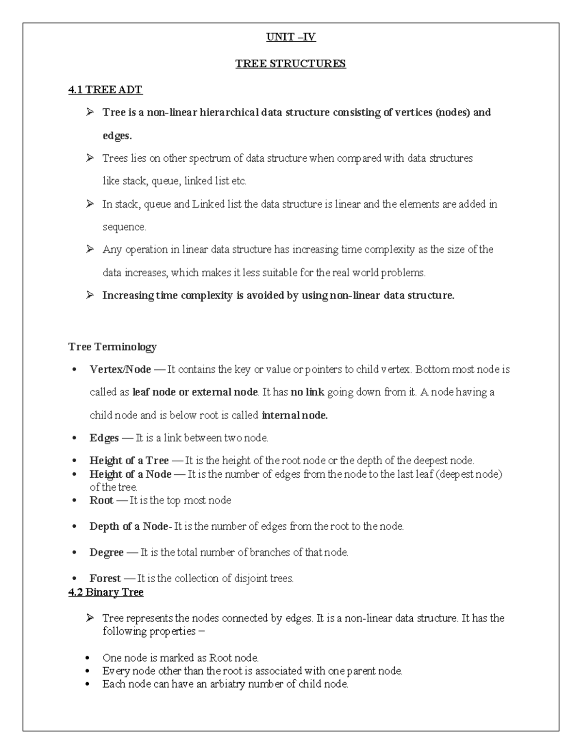 Unit 4: Tree Structures - Data Structures and Algorithms Notes - Studocu