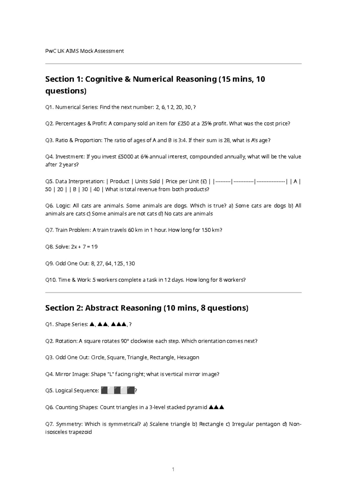 PwC UK AIMS Mock Assessment: Cognitive & Abstract Reasoning Test - Studocu