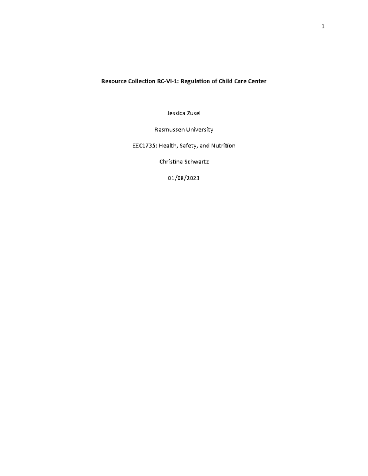 EEC1735: Regulation of Child Care Centers - Resource Collection RC-VI-1 ...