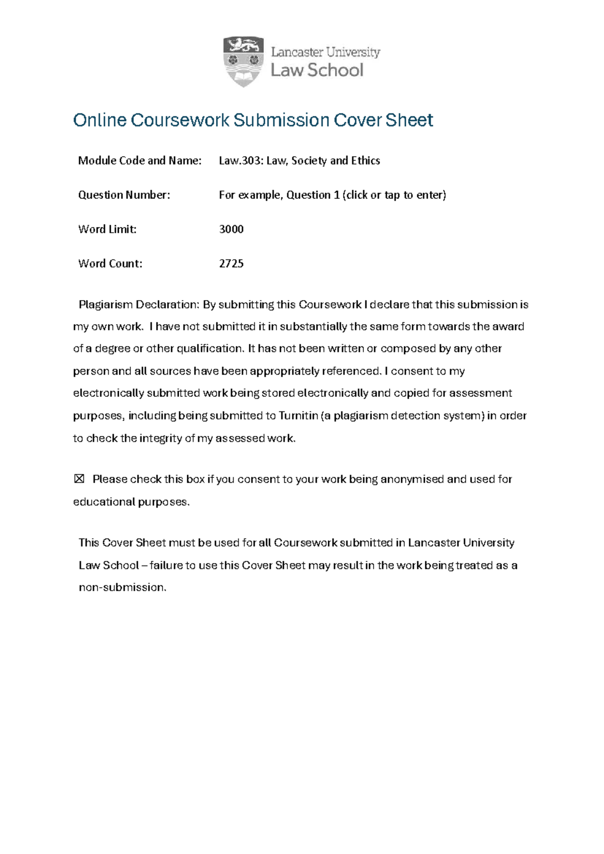 Disestablishment Coursework - Online Coursework Submission Cover Sheet=