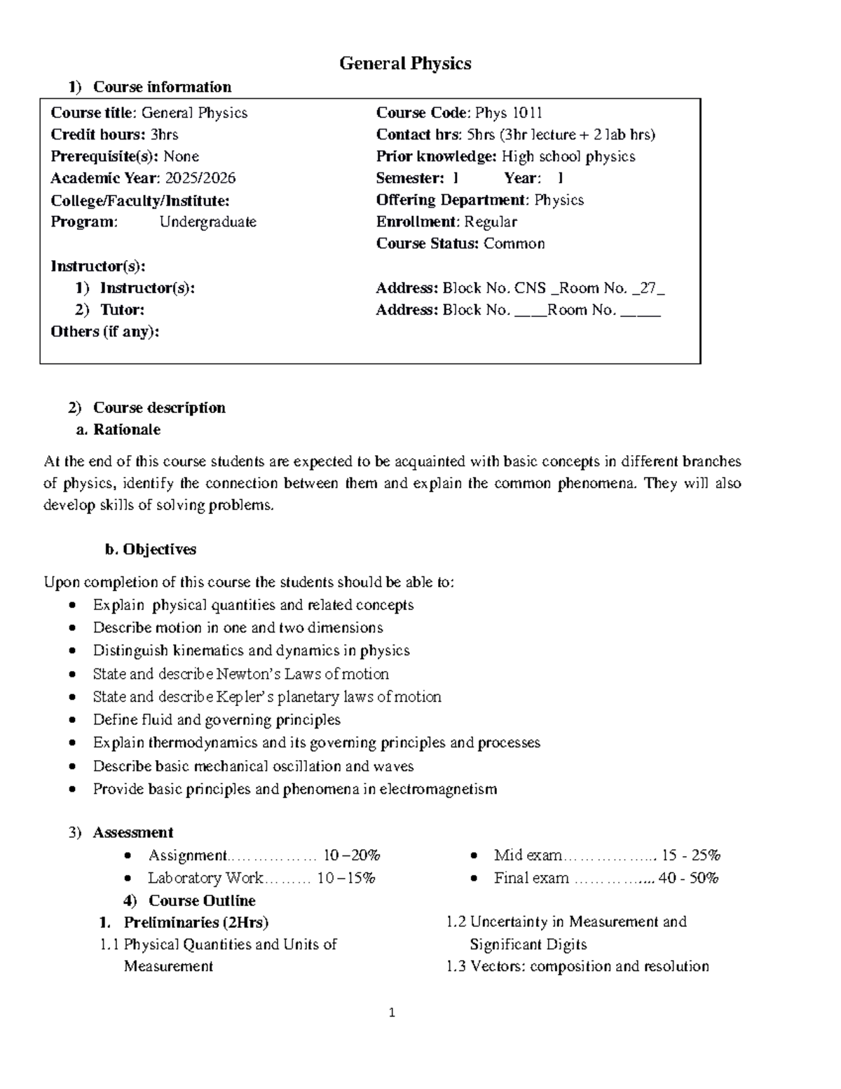 Phys 1011: General Physics Course Outline and Information - Studocu