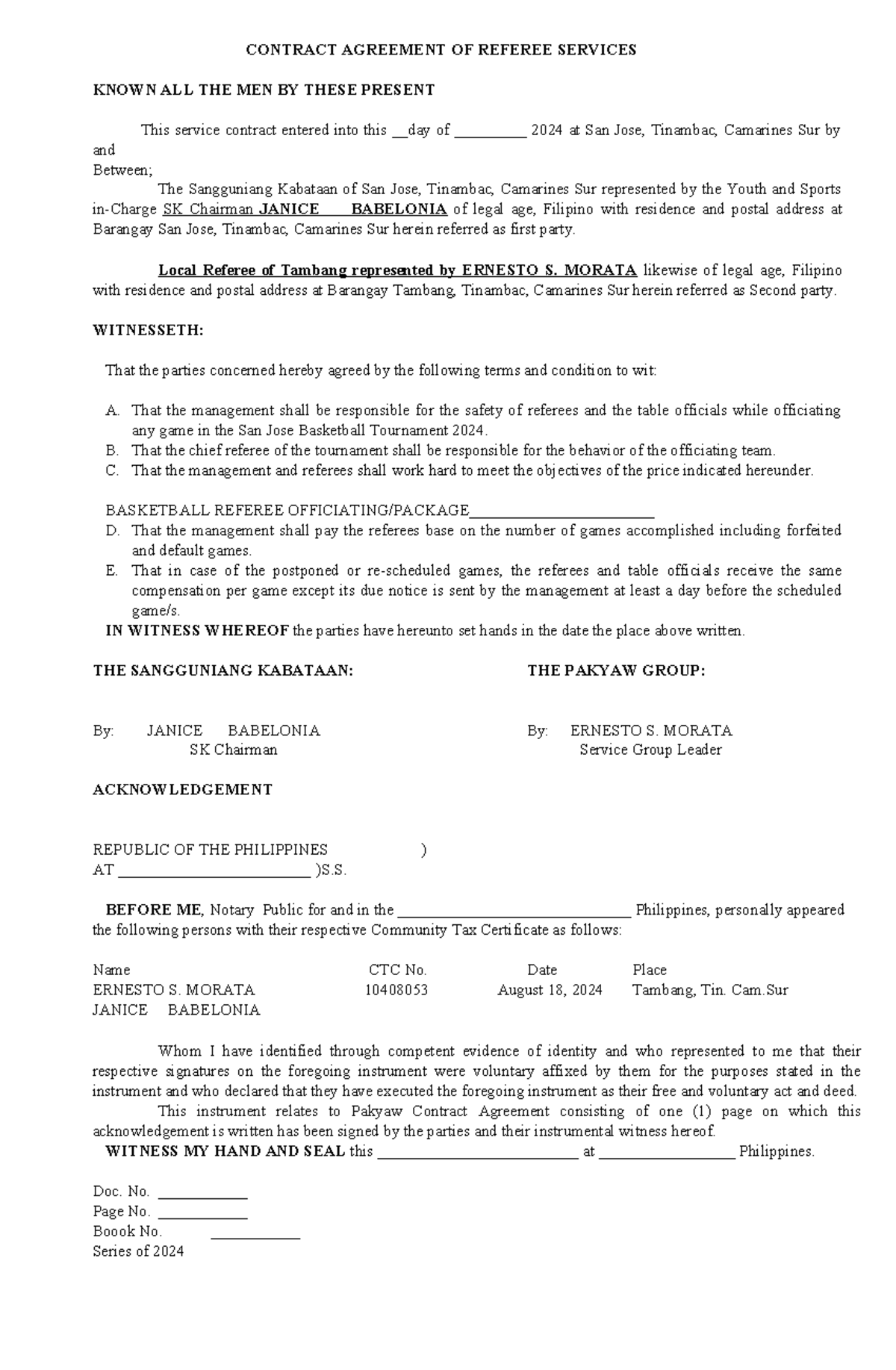 Referee Services Contract Agreement for San Jose Basketball 2024 - Studocu
