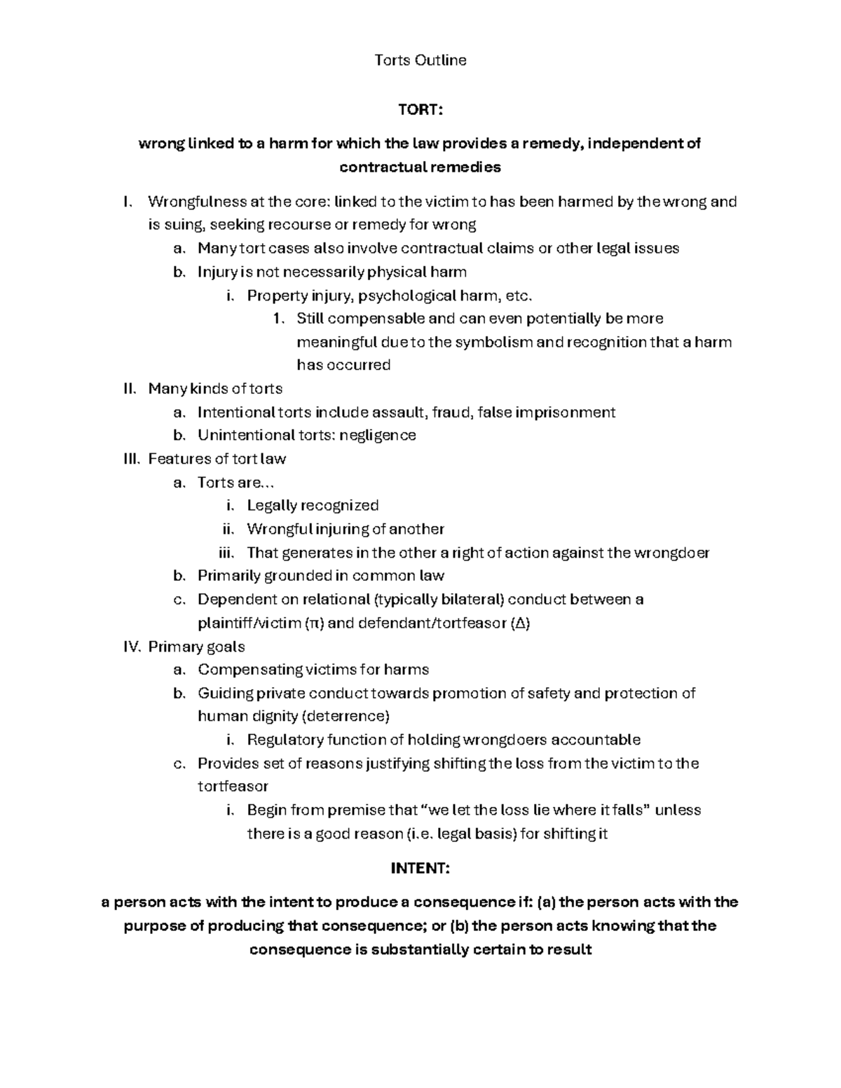 Torts Law Quiz Outline: Key Concepts and Principles - Studocu