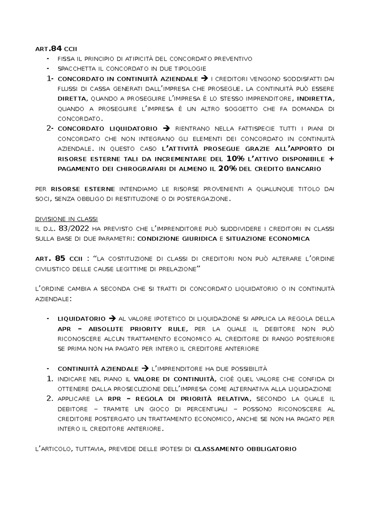 ART.84 CCII - Analisi del Concordato Preventivo e Classificazione dei ...