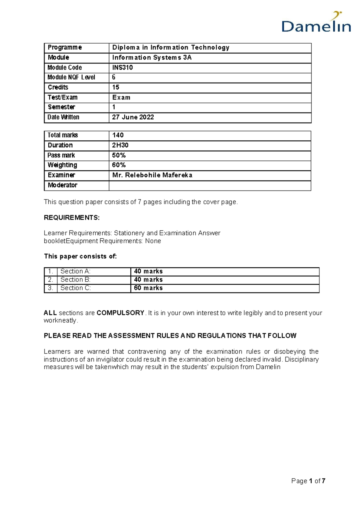 Information Systems 3A Final Exam Overview and Guidelines - Studocu