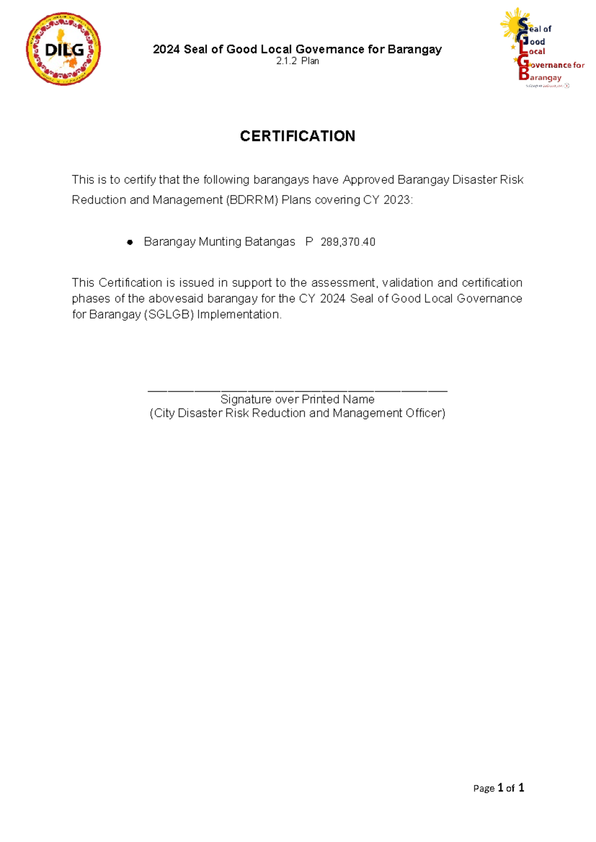 2.1.2 Certification Mdrrmo- Bdrrmp cert from city disater for fund ...