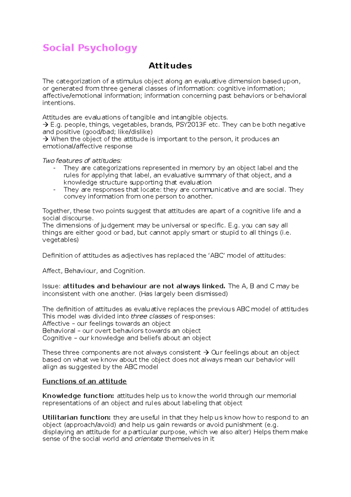 PSY2013 F Lecture Notes: Social Psychology Concepts and Theories - Studocu