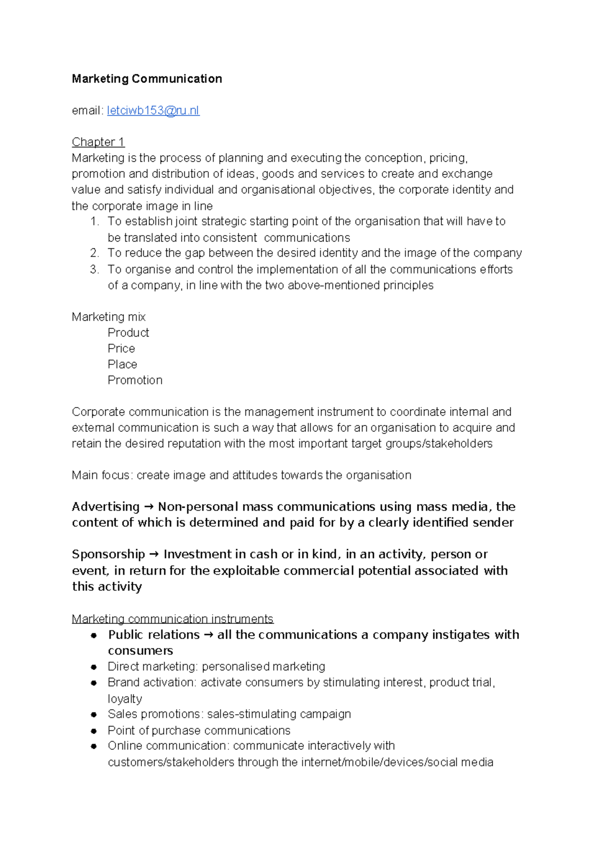 Marketing communication: Chapter 1 overview and key concepts - Studeersnel