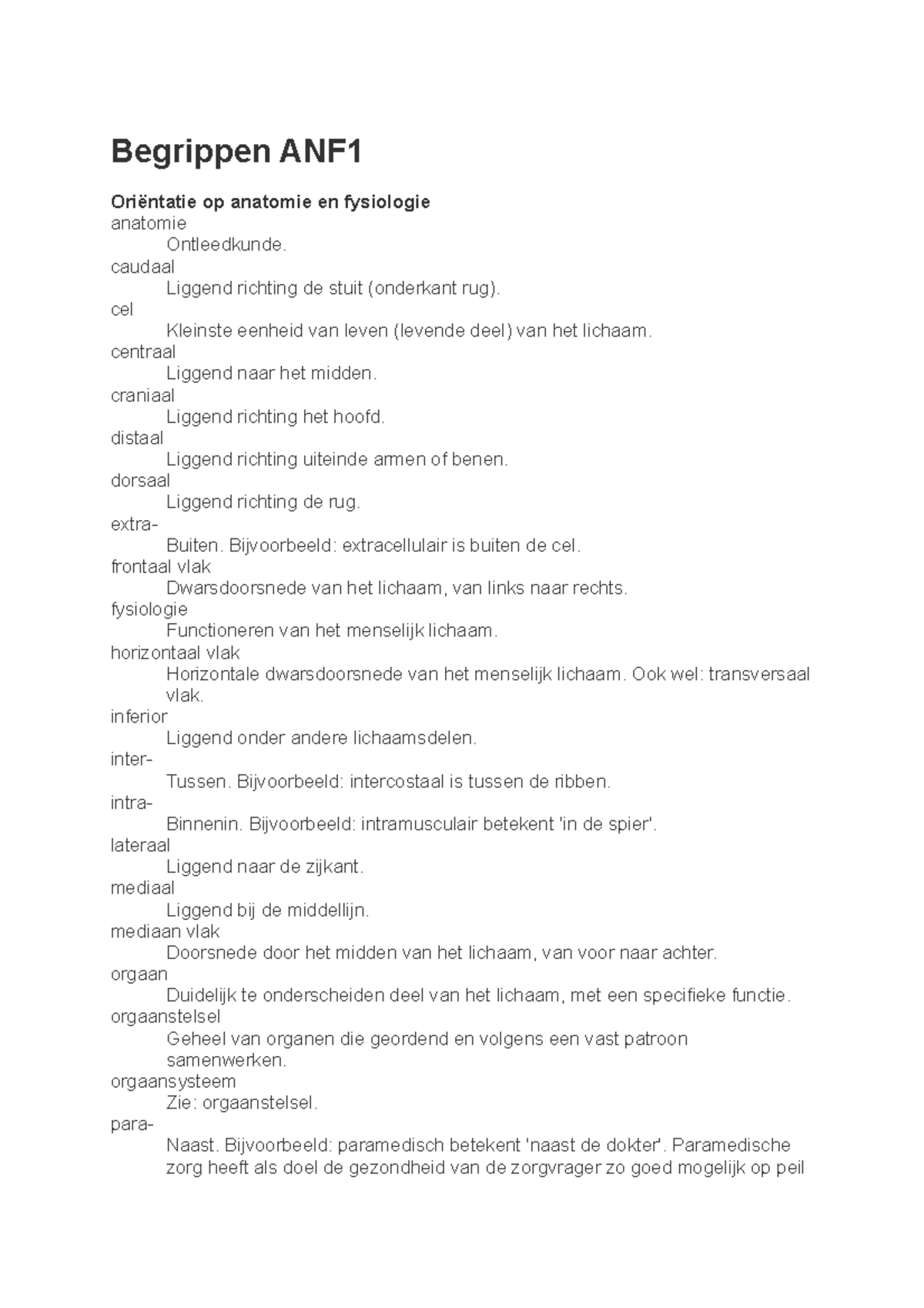 Begrippenlijst ANF1 - Anatomie en Fysiologie Terminologie - Studeersnel