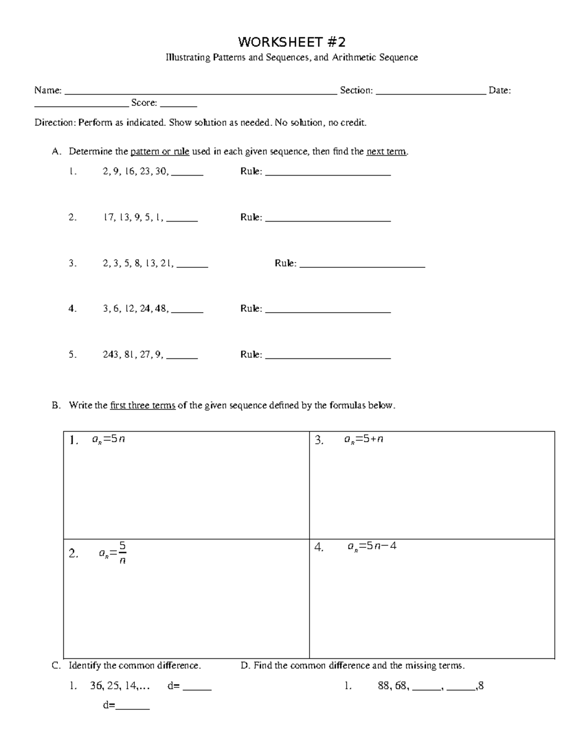 Q1 Worksheet 2 - WORKSHEET Illustrating Patterns and Sequences, and ...