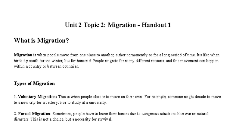 Unit 2 Topic 2: Migration - Causes, Types, and Global Examples - Studocu