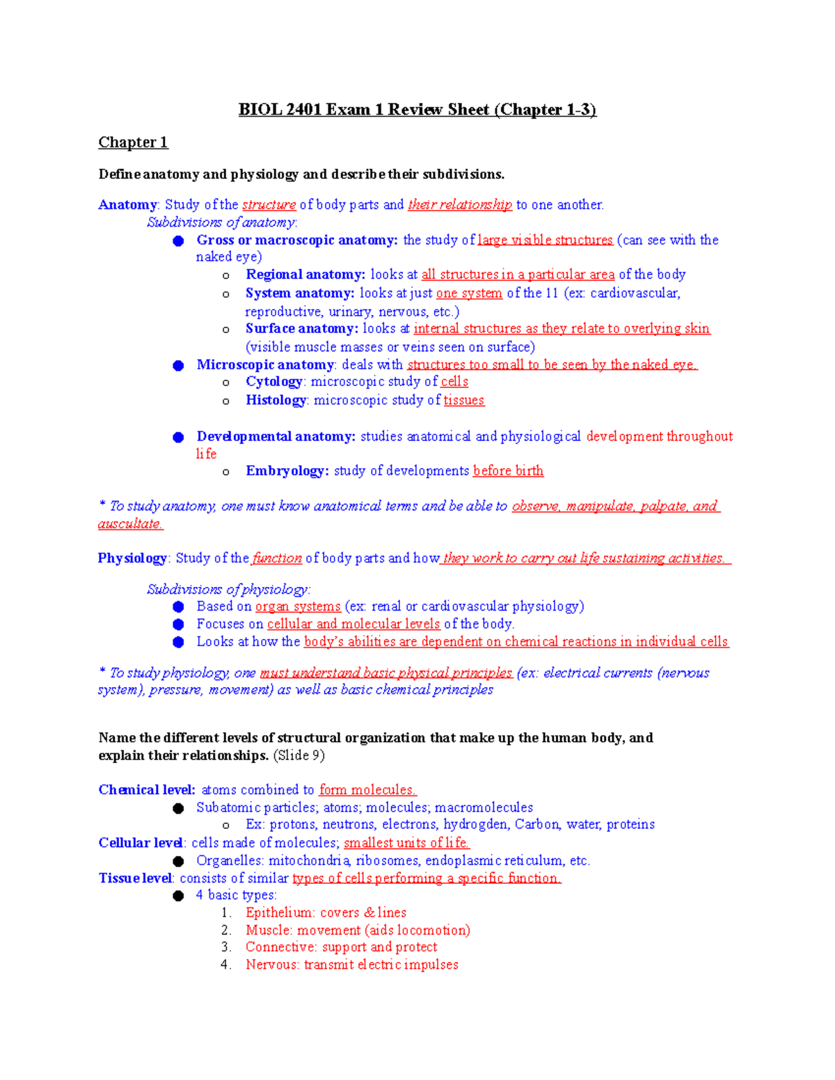 BIOL 2401 Exam 1 Review: Anatomy and Physiology Fundamentals - Studocu