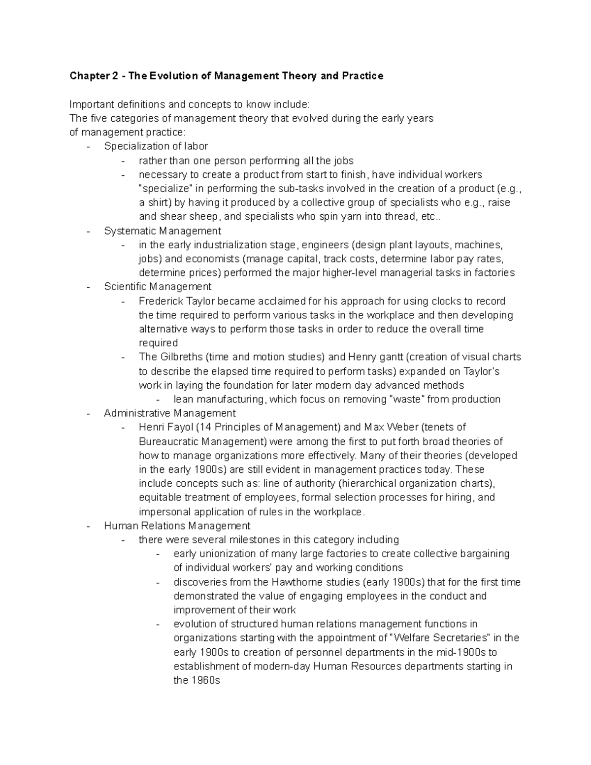 Study Guide Chapter 2 - Chapter 2 - The Evolution of Management Theory ...