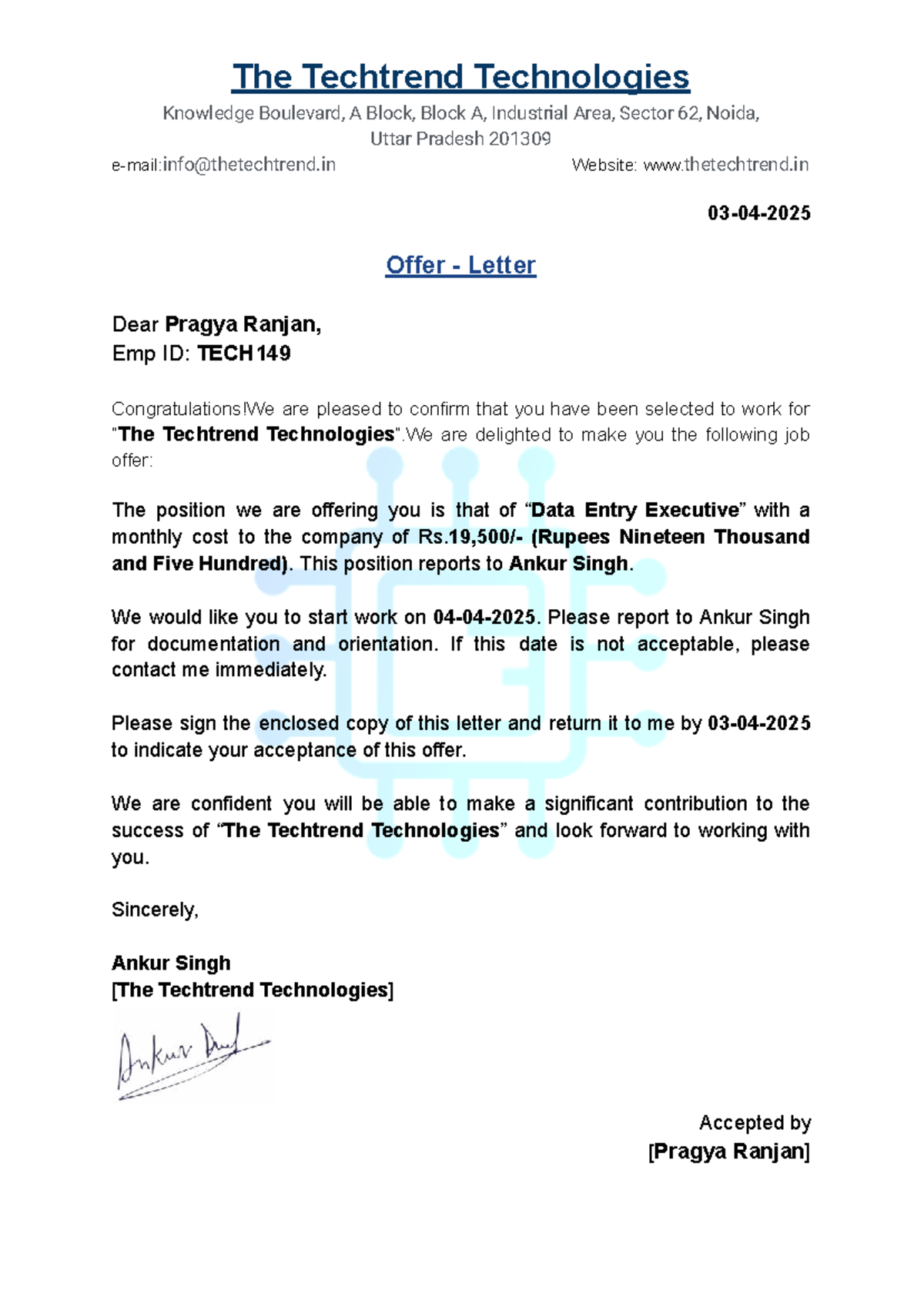 Offer Letter for Data Entry Executive Position - Pragya Ranjan - Studocu