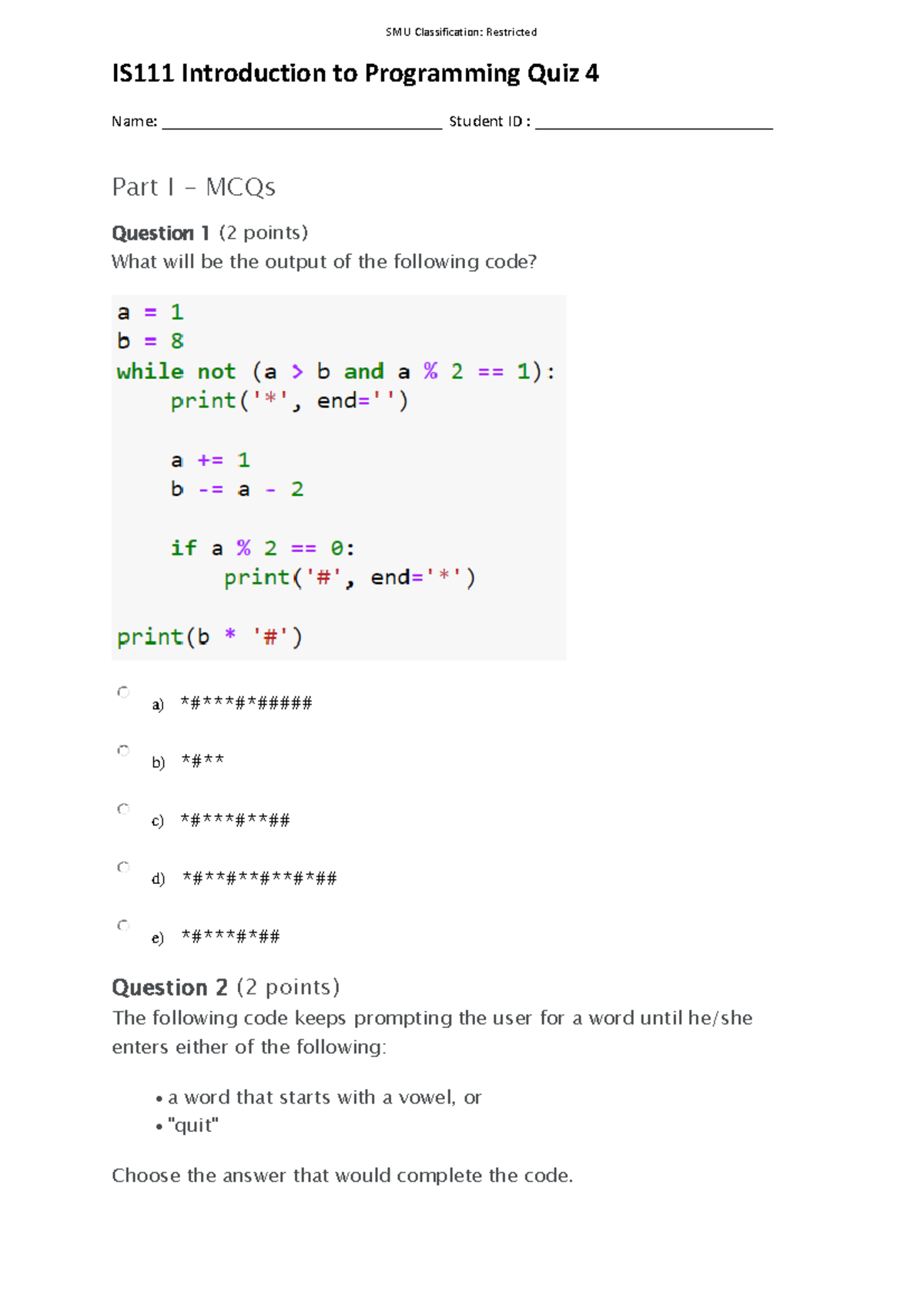IS111 Quiz 4 - Introduction to Programming Practice Questions - Studocu