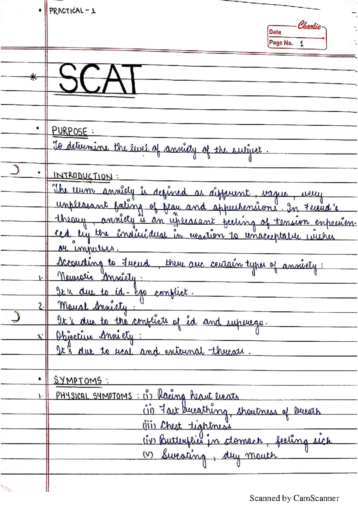 SCAT Practical 1: Assessing Anxiety Levels and Symptoms - Studocu