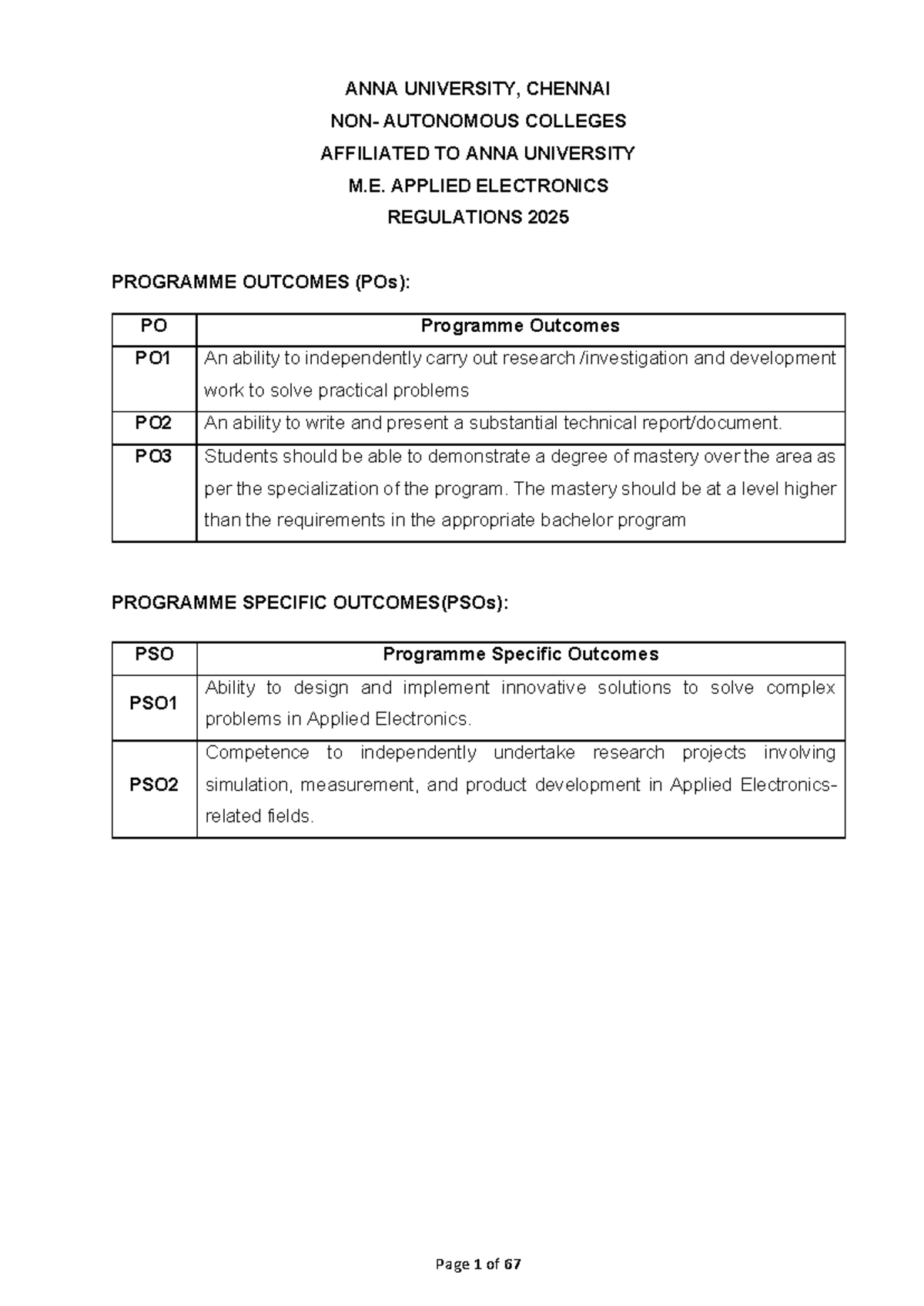M.E. Applied Electronics Curriculum Overview & Programme Outcomes 2025 ...