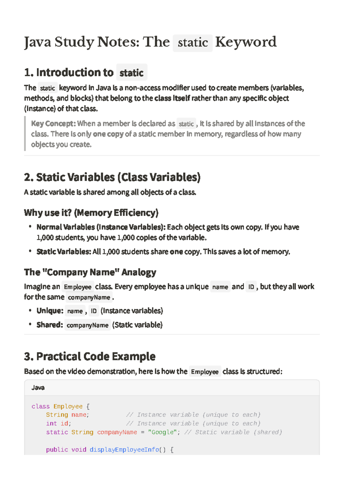 Java Study Notes: Understanding the static Keyword - Studocu