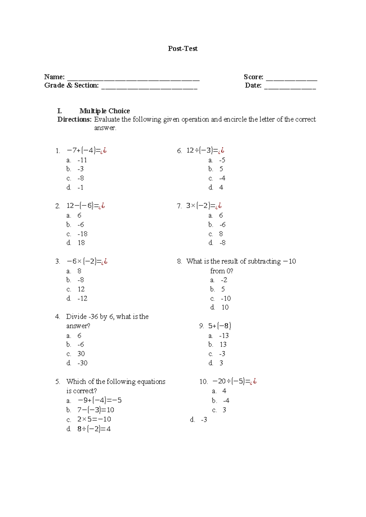 Post-test quiz questions and answers for evaluation - Studocu