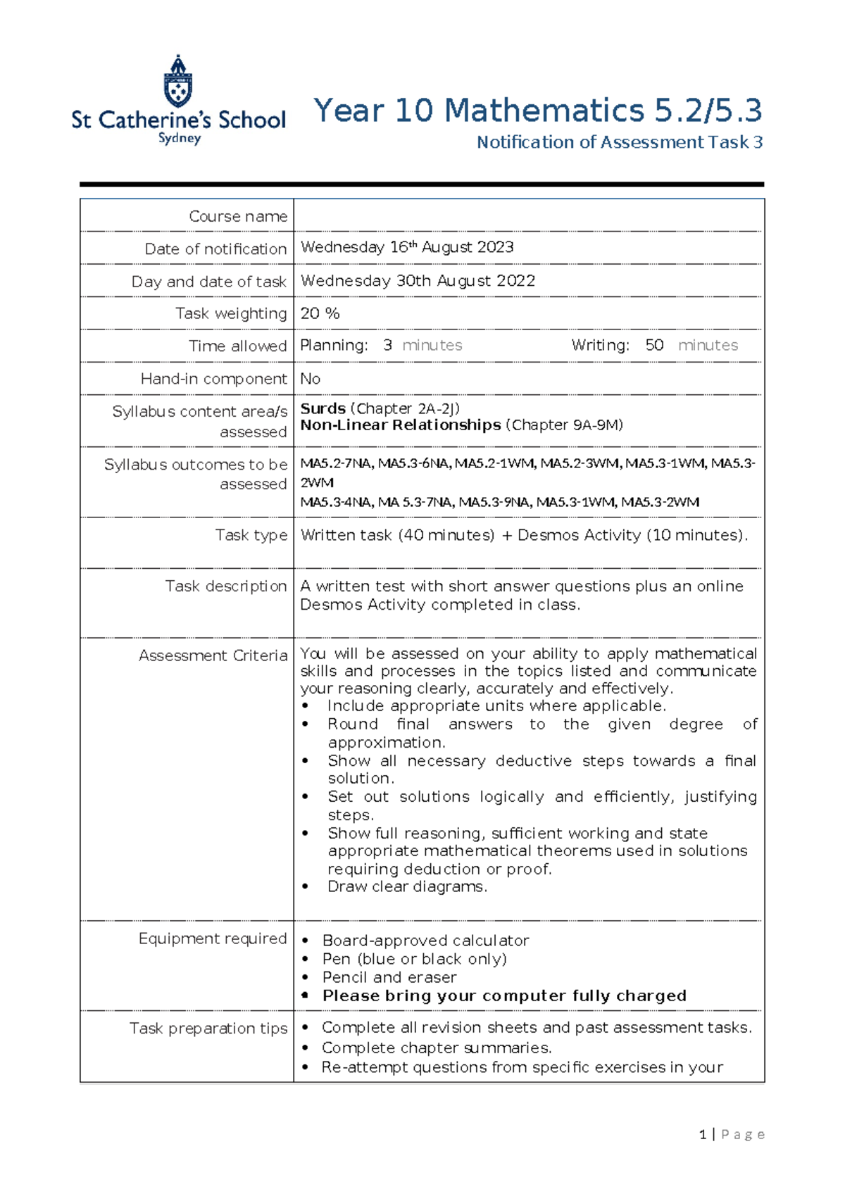 Year 10 Mathematics 5/5 Task 3 Notification - August 2023 - Studocu
