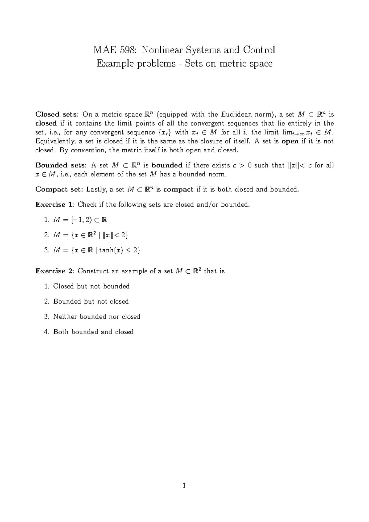 MAE 598: Recitation 3 - Closed and Bounded Sets in Metric Spaces - Studocu