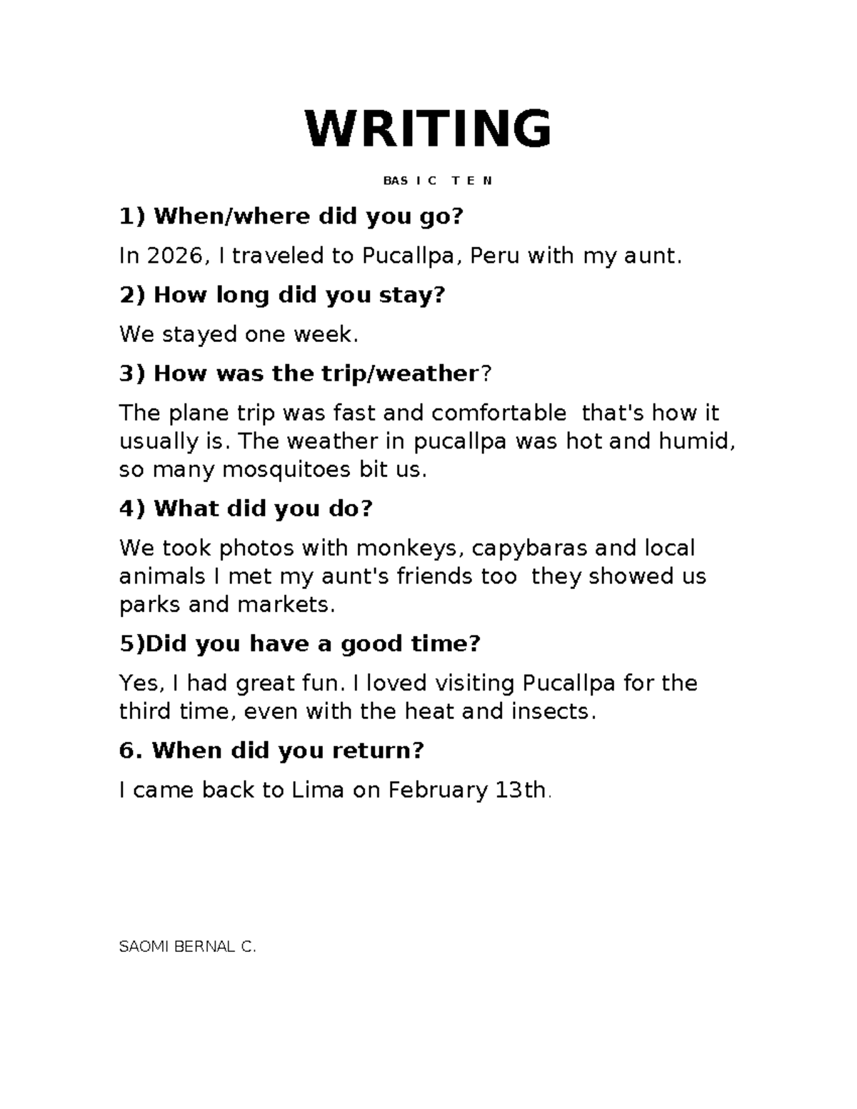 Basic 10 - Writing Experience in Pucallpa, Peru - Studocu