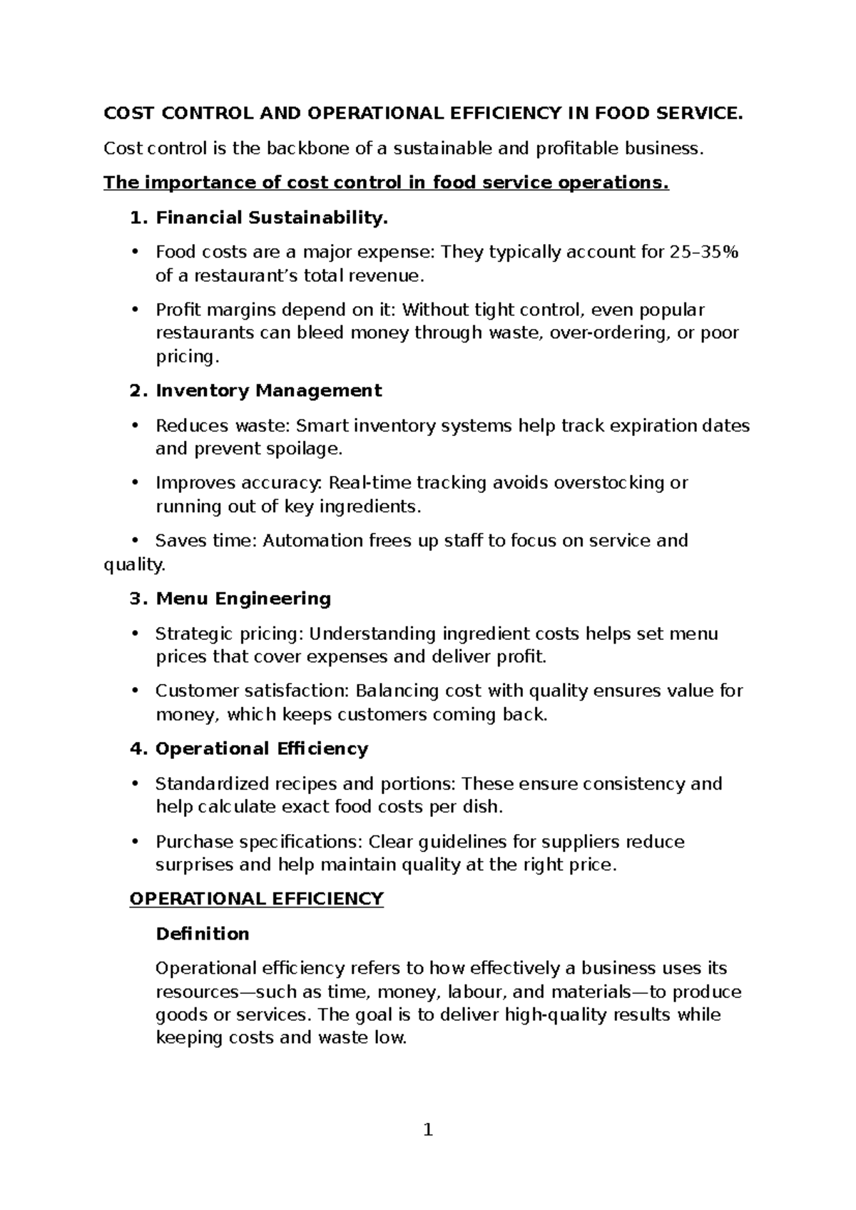 COST CONTROL & OPERATIONAL EFFICIENCY IN FOOD SERVICE: A Comprehensive ...