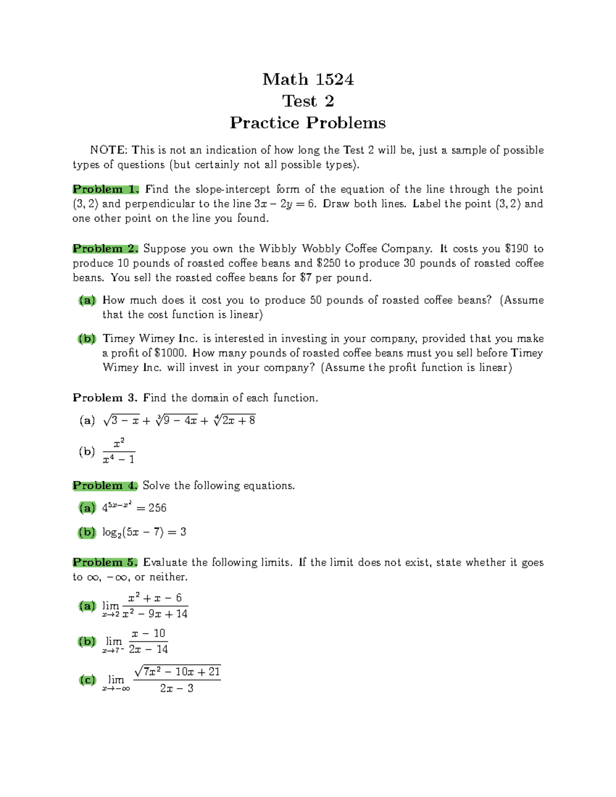Math 1524 Test 2 Practice Problems and Solutions - Studocu