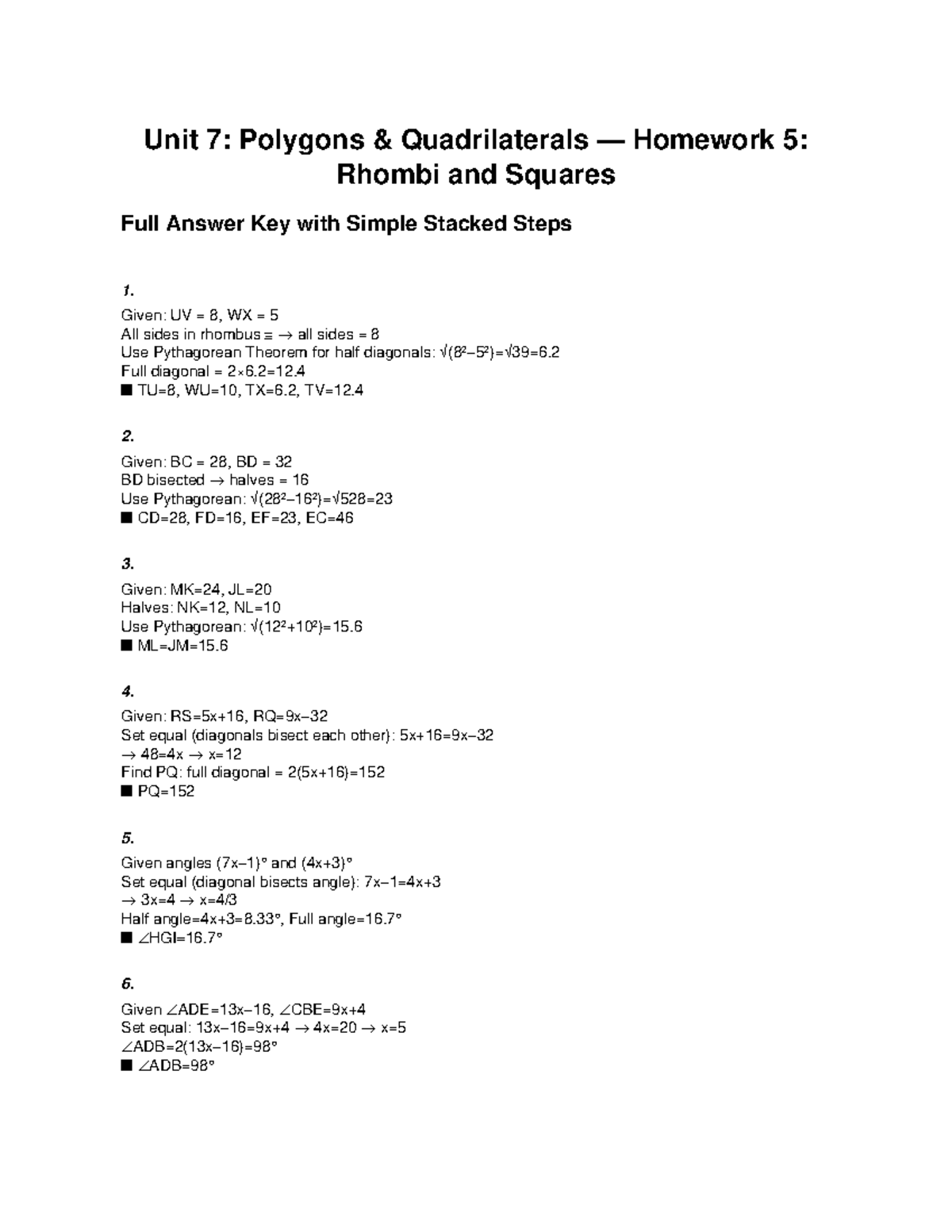 Unit 7: Polygons Quadrilaterals Homework 5 Answer Key - Rhombi ...
