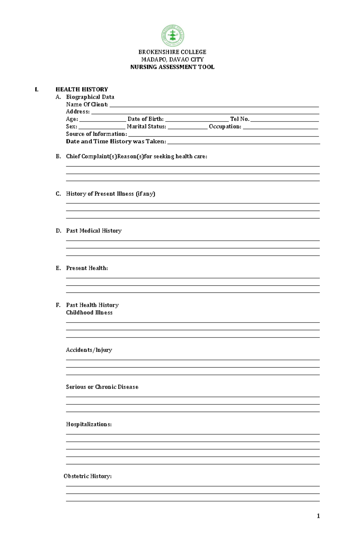 NUR 101 - Nursing Assessment Tool: Health History & Physical Exam - Studocu