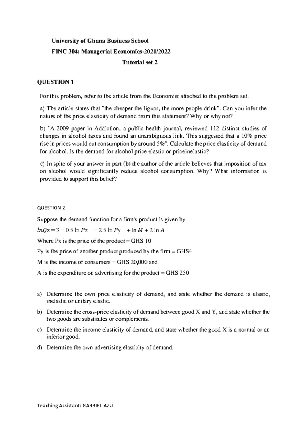 I.T.S. - FINC 304: Managerial Tutorial Set 2 Questions and Analysis ...