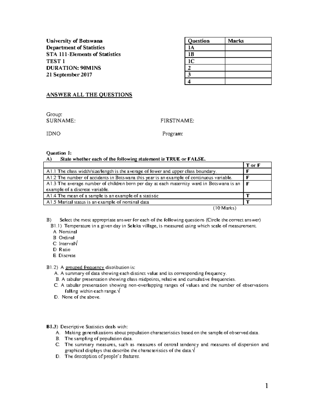 STA 111 Test 1 2017 - Practice Questions and Answers - Studocu