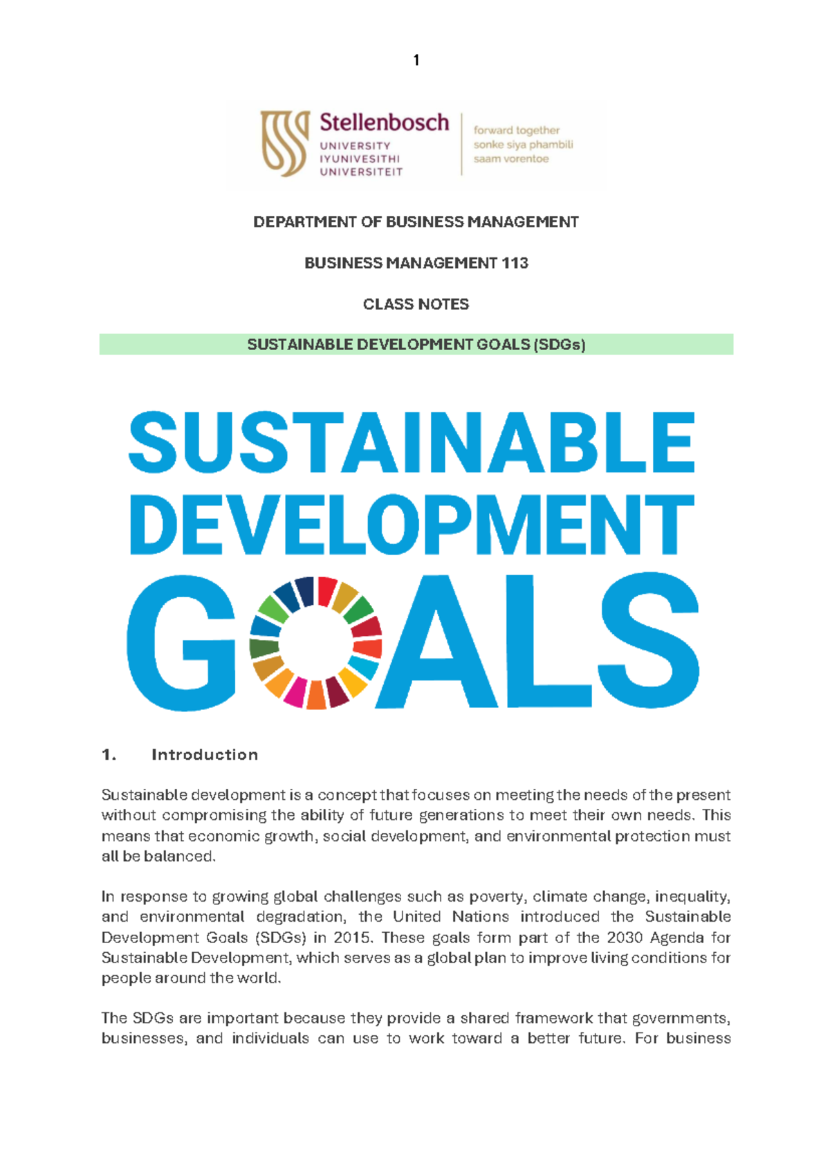 BUS 113 Class Notes: Understanding Sustainable Development Goals (SDGs ...