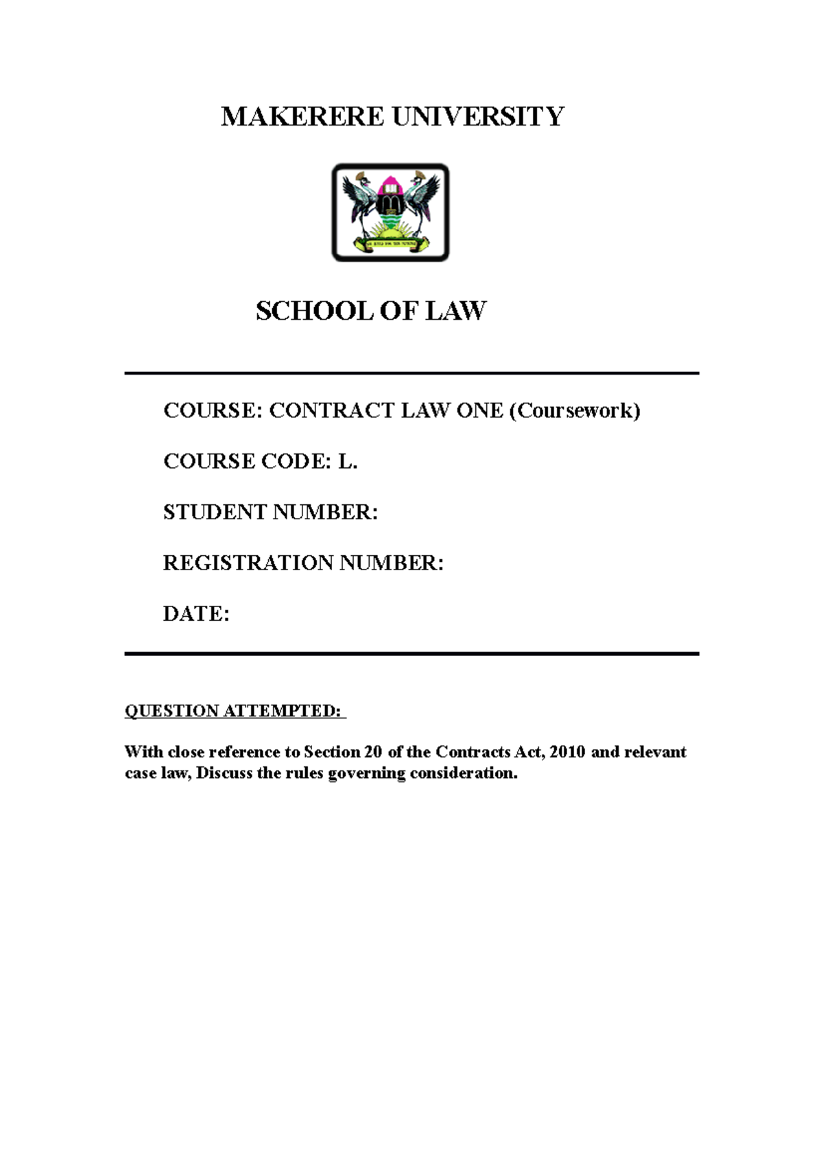 Contract Law One (L): Coursework on Consideration Rules in Contracts ...