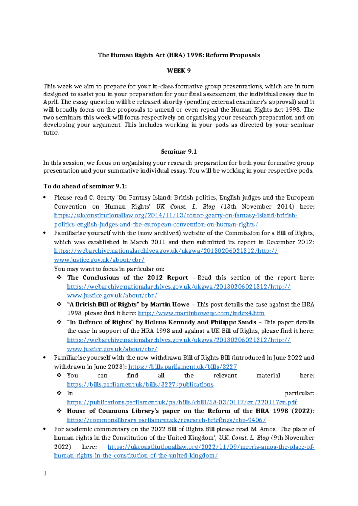Seminar Sheets Week9 Term2, 9.1 and 9 - The Human Rights Act (HRA) 1998 ...