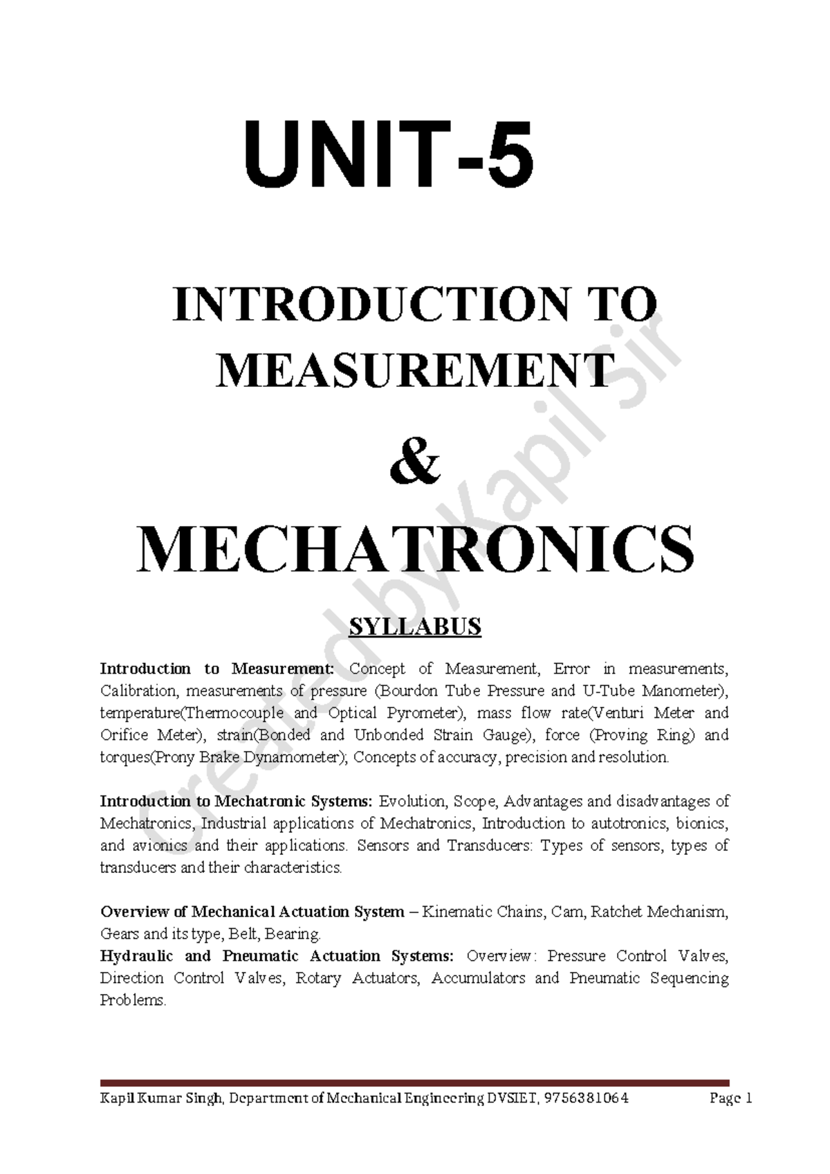 Unit -5 MM - pok - UNIT- 5 INTRODUCTION TO MEASUREMENT & MECHATRONICS ...