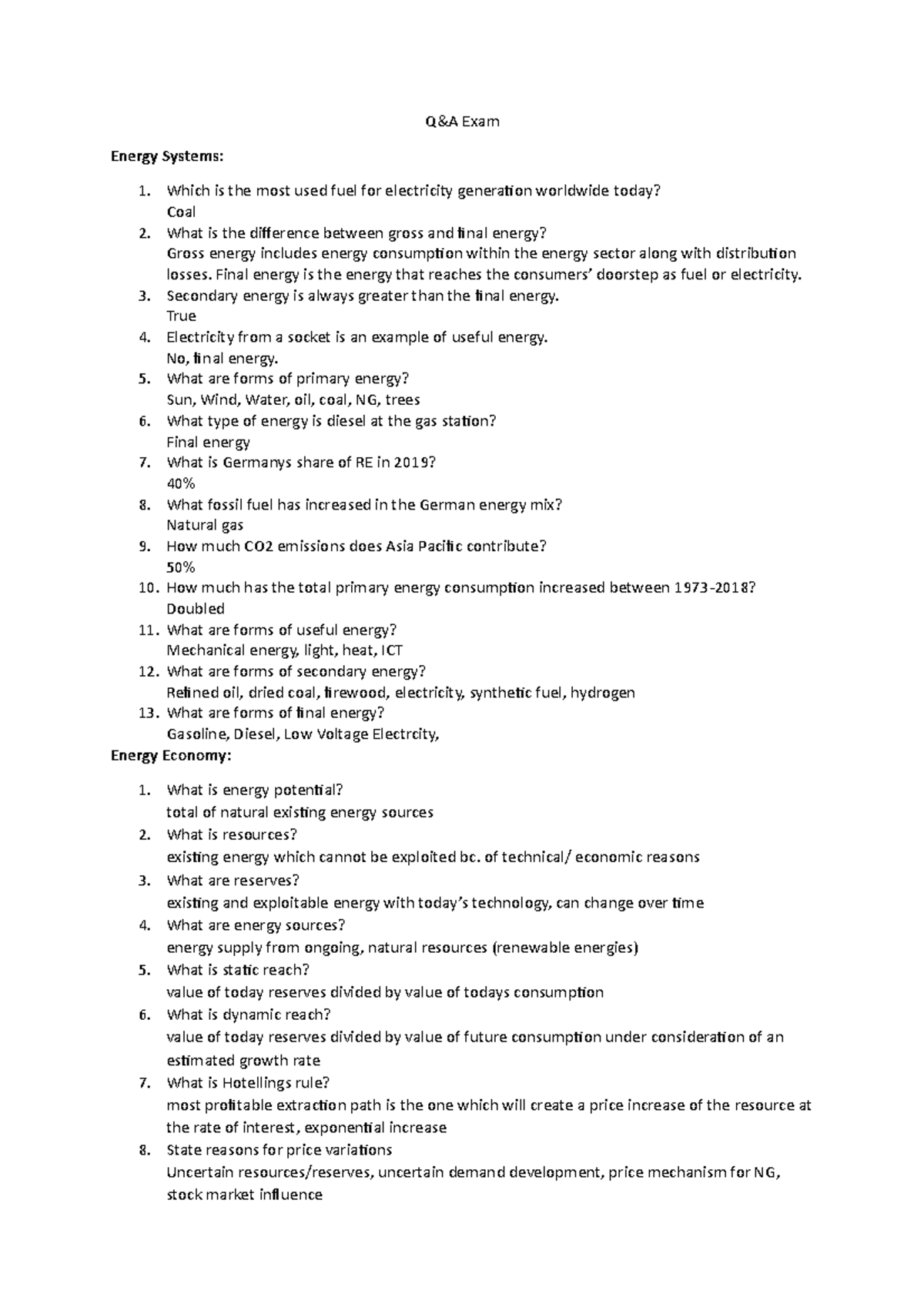 Q&A Theory - Wintersemester - Q&A Exam Energy Systems: Which is the ...