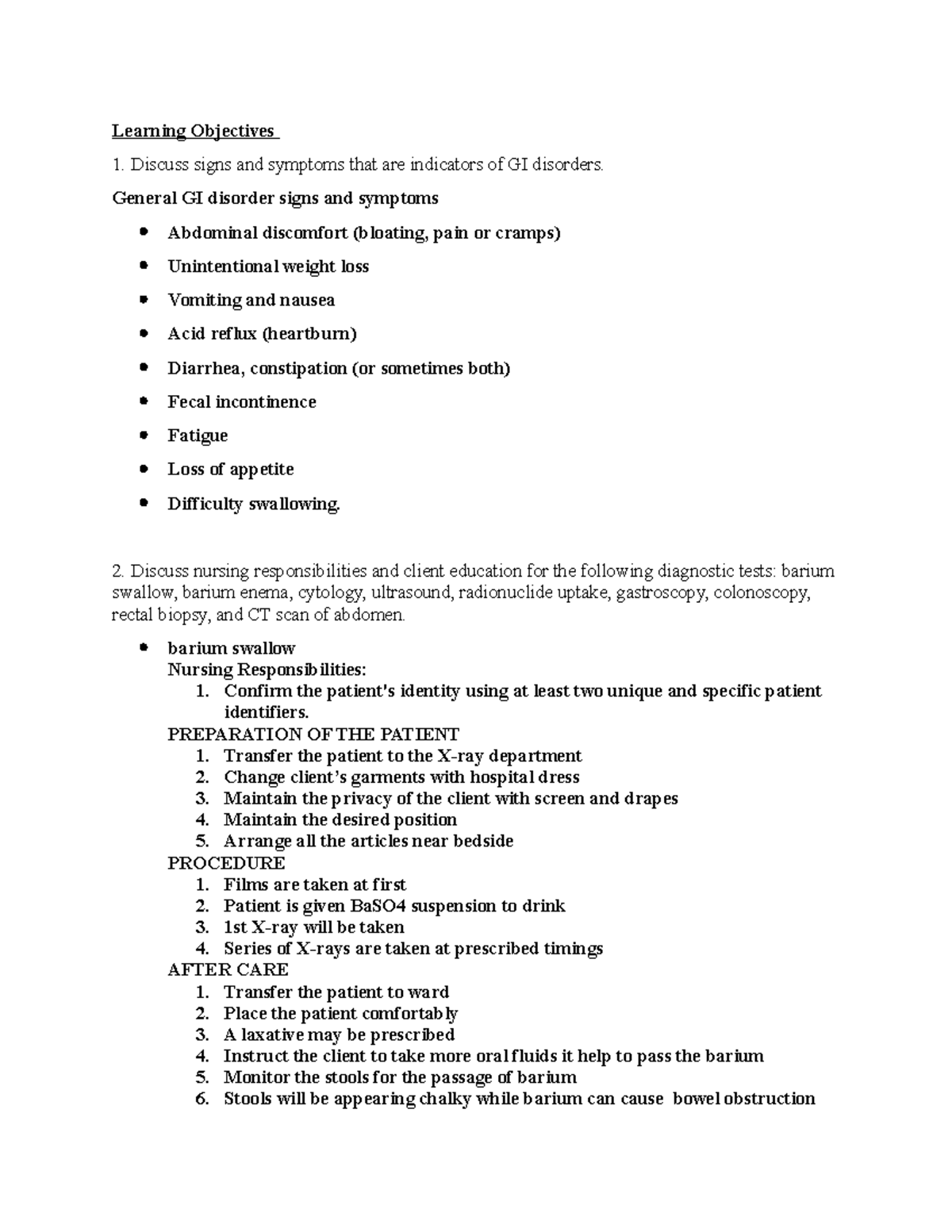 GI Nursing Study Objectives and Invasive Procedures Overview - Studocu