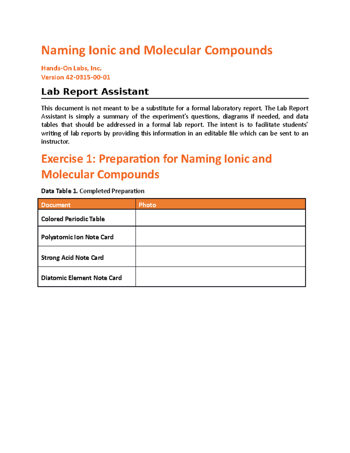 Naming Ionic and Molecular Compounds Lab Report Assistant 42-0315-00 ...