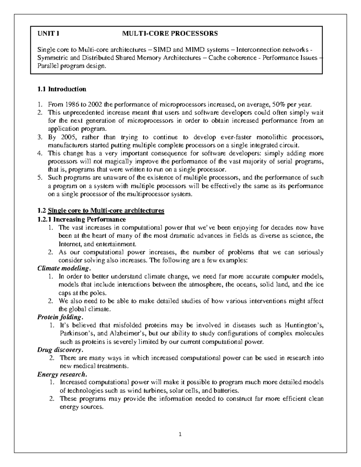 UNIT I - Lecture Notes on Multi-Core Processors and Architecture - Studocu